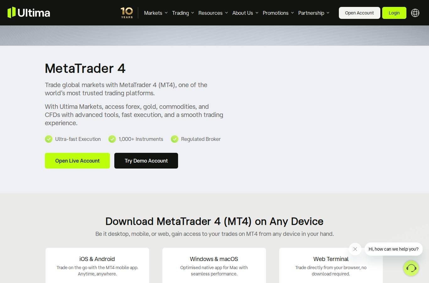The platform page on the Ultima Markets website
