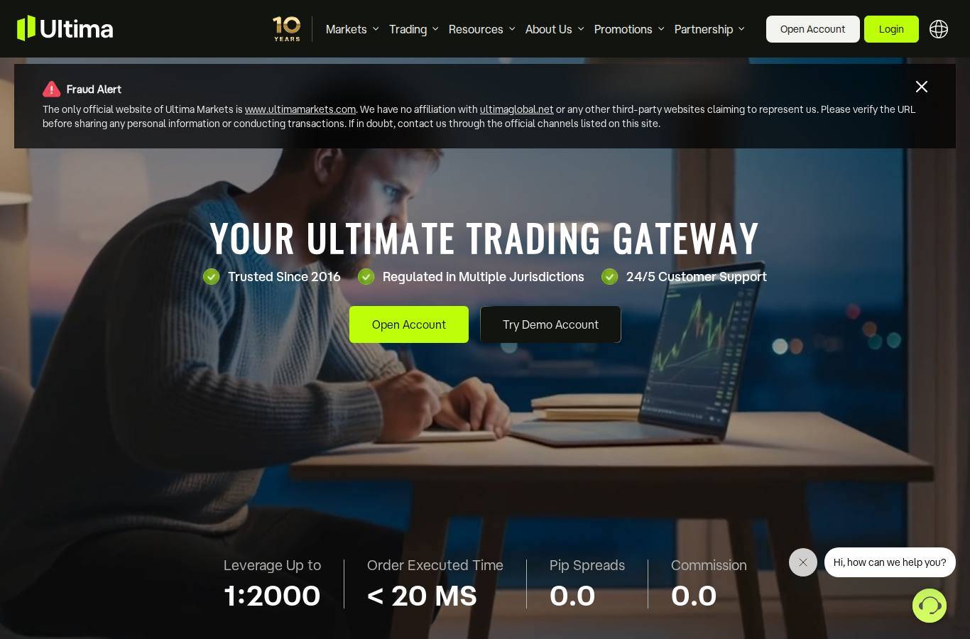Screenshot of the Ultima Markets website